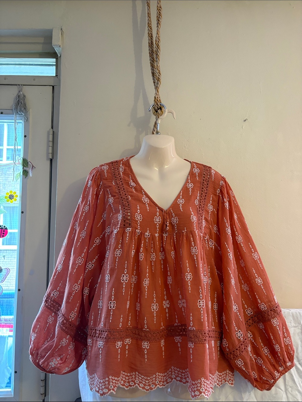 American Eagle Outfitters Rust Orange Embroidered Peasant Blouse. Cotton